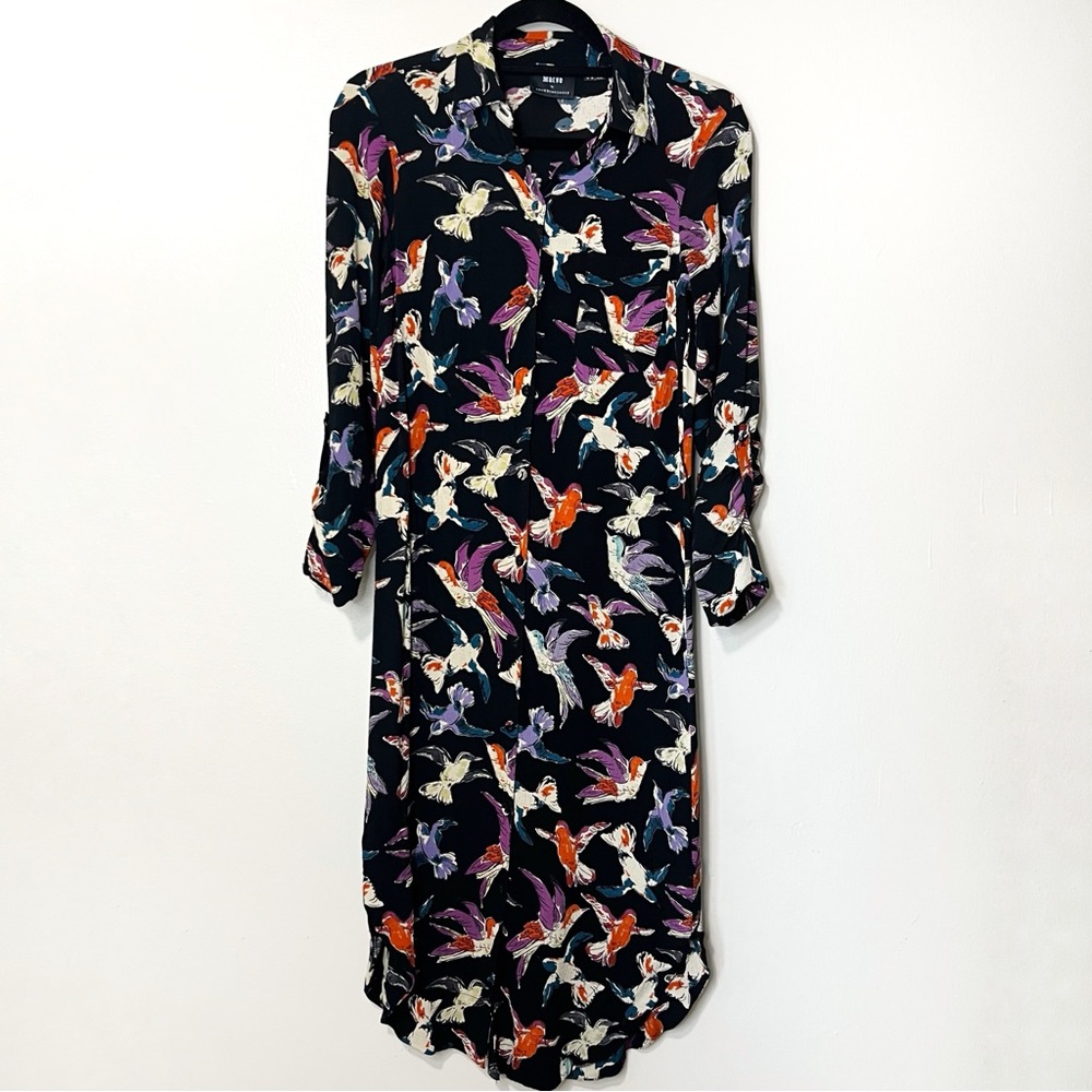Anthropologie Maeve Martina Black Multi Color Songbirds Midi Shirt Dress Size 4